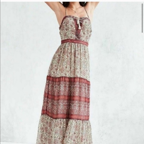 Urban Outfitters Ecote Boho Western Maxi Red Cream Dress 0 - Picture 2 of 8